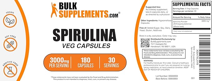 BulkSupplements.com Spirulina Capsules - Green Superfood Supplement, Spirulina 3000mg, Spirulina Supplement - Vegan, 6 Capsules per Serving, 180 Veg Capsules (Pack of 1)