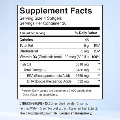 5X Ultimate Strength Omega 3 Fish Oil Supplements 3450mg, High EPA Organic Fish Oil Omega 3 Supplements with Vitamin D, Burpless Omega3 Fishoil with 2660mg EPA and 530mg DHA, 120 Softgels, Unflavored
