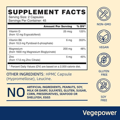 Magnesium Glycinate 200mg, High Absorption Vegan Magnesium Supplement, Fully Chelated Magnesium Zinc Vitamin D & B6, Magnesium Bisglycinate for Sleep, Bone & Muscle Health, Nerve, Non-GMO, 90 Capsules