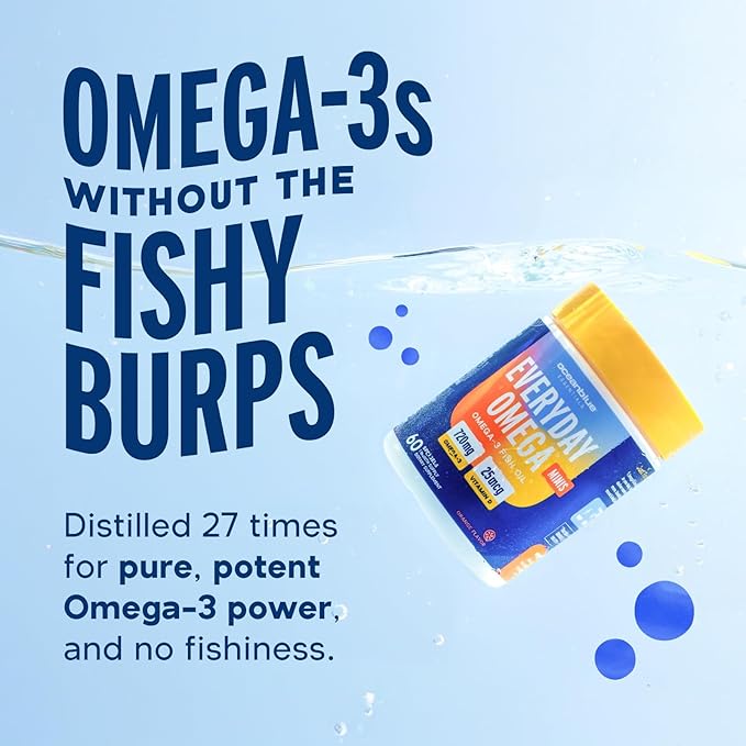 Oceanblue Essentials Everyday Omega 3 – 30 Softgels, 1 Month Supply – 720 mg of Burpless Fish Oil with 25mcg (1000IU) of Vitamin D3 – Heart and Immune Support – Molecularly Distilled – Orange Flavor