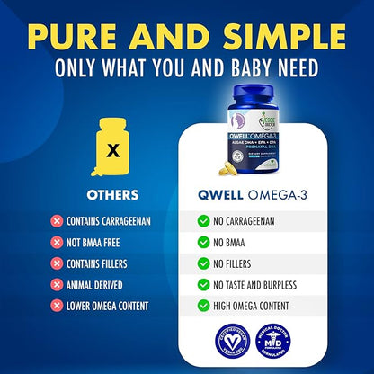 Vegan Prenatal Vitamins with DHA (60 Count) Omega-3 - Qwell Better Than Fish Oil, Brain Function - 820 Mg Algae DHA & EPA, Vegan Prenatal Vitamins with Vitamin E, Carrageenan-Free