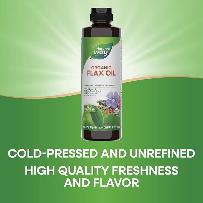 Nature's Way Organic Flax Oil, USDA Certified Organic, Omega-3, 6, 9, Cold Pressed, 16 Fl Oz (Packaging May Vary)