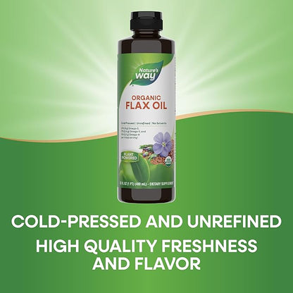 Nature's Way Organic Flax Oil, USDA Certified Organic, Omega-3, 6, 9, Cold Pressed, 16 Fl Oz (Packaging May Vary)