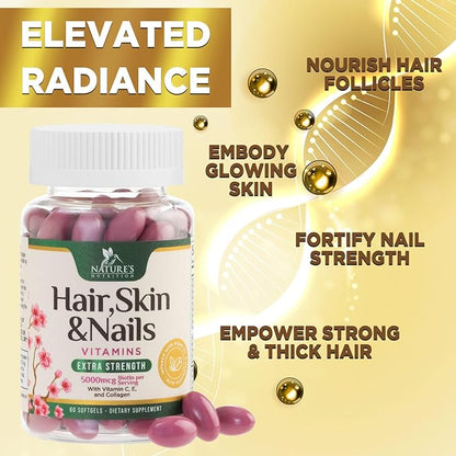 Hair Vitamins Women, Ultra Strength 5000mcg Biotin, Collagen, PABA & More - Womens Hair Growth, Skin, Nails & Keratin Support Supplement, Infused w/ Argan Oil & Hyaluronic Acid, Non-GMO - 60 Softgels