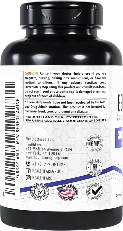 Benfotiamine 300mg | 200 Veg Capsules | Enhanced Absorption | Supports Overall Health | Increased Bioavailability