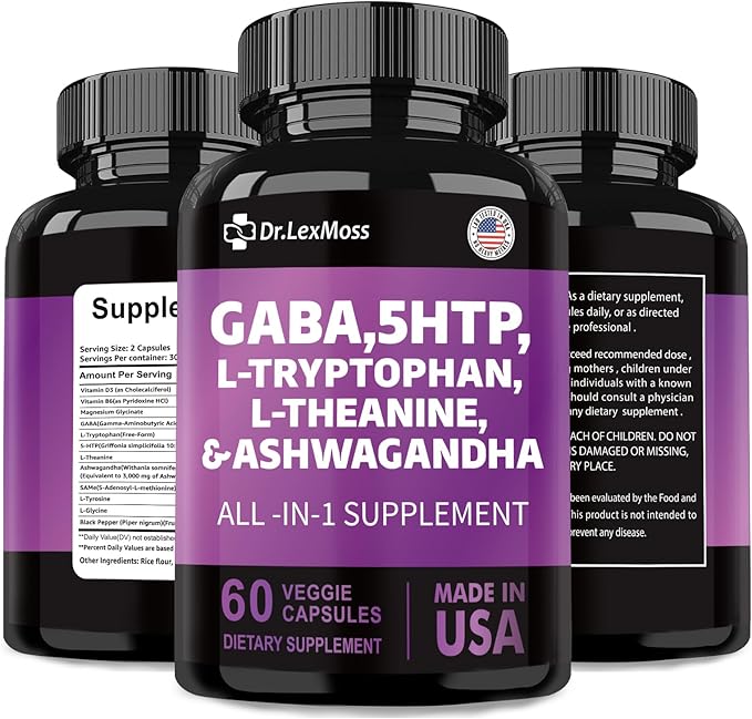 GABA 5 HTP L Tryptophan L Theanine Ashwagandha SAM-e L-Glycine Mood Support Vitamins for Women and Men with L-Tyrosine Made in USA 60 Count