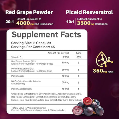 Piceid Resveratrol Supplement and NAD+ Cell Regenerator, Nitric Oxide Supplement, Support Heart Health, Blood Flow, Cellular Energy Production & Metabolism, Red Grape Powder, 45 Day Supply, 3 Pack
