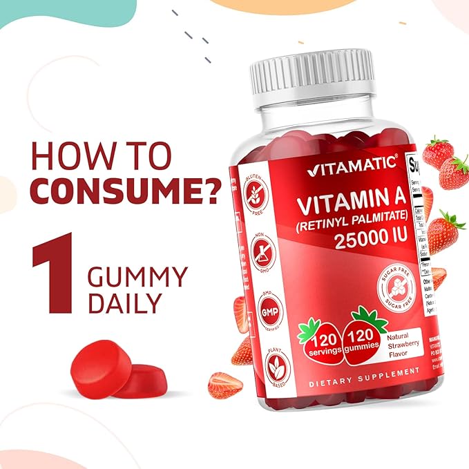 Vitamatic Sugar Free Vitamin A 25000 IU Gummies (Retinyl Palmitate) - Natural Strawberry Flavor - 120 Pectin Based Gummies (1 Bottle)