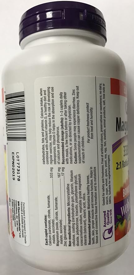 Webber Naturals Calcium Magnesium Zinc, Enhanced Absorption, 333/167/17 mg, Bonus 200 caplets