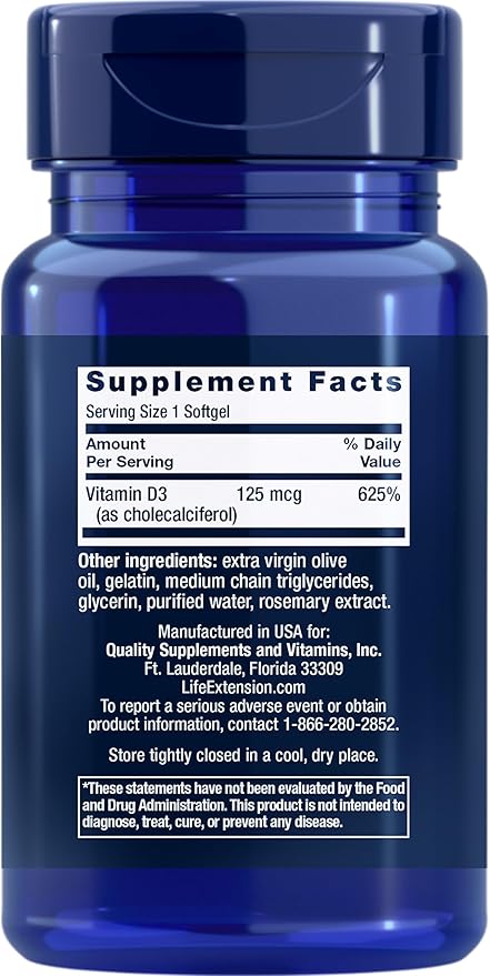 Life Extension Vitamin D3 125 mcg (5000 IU), Bone Health, Brain Performance, Immune System Support, Gluten-Free, Non-GMO, Once Daily, Two-Month Supply, 60 Softgels