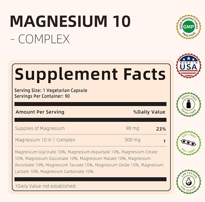 MagMax10 Magnesium Complex Supplement 500mg, 10 Forms of Magnesium: Glycinate, Malate, Citrate and More - Maximized Absorption for Sleep, Muscle, Heart and Brain Health - 90 Capsules