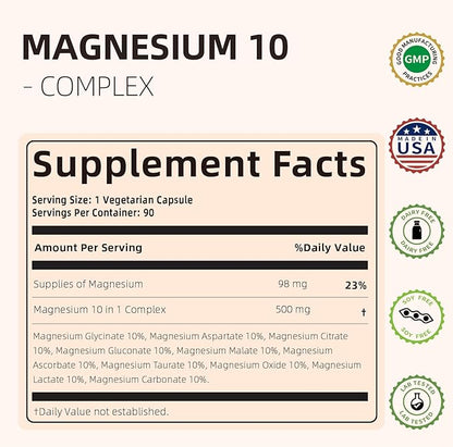 MagMax10 Magnesium Complex Supplement 500mg, 10 Forms of Magnesium: Glycinate, Malate, Citrate and More - Maximized Absorption for Sleep, Muscle, Heart and Brain Health - 90 Capsules