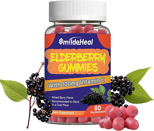 Elderberry Gummies, Elderberry Extract 300mg, with Vitamin C and Zinc, Strawberry Flavor Gummies, Non-GMOs, Gluten Free, Vegan-Friendly, Immune Support, 60 Count