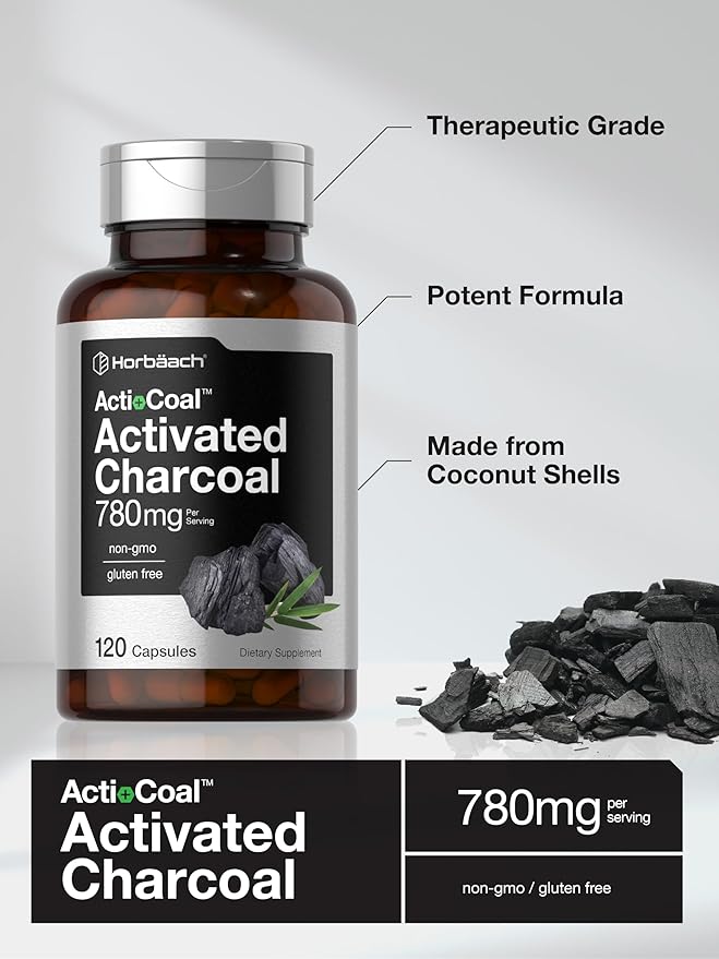 Horbäach Charcoal Pills 780mg | 120 Capsules | Activated Charcoal from Coconut Shells | Non-GMO and Gluten Free | Acti-Coal