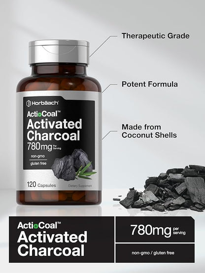 Horbäach Charcoal Pills 780mg | 120 Capsules | Activated Charcoal from Coconut Shells | Non-GMO and Gluten Free | Acti-Coal