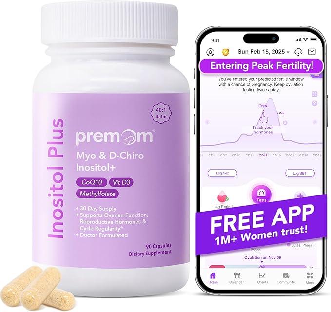 Premom Inositol Plus - 2000mg Myo-Inositol & 50mg D-Chiro Inositol, CoQ10, Folate & Vitamin D3-40:1 Ratio - Supports Hormonal Balance, Ovarian & Reproductive Health - 30 Day Supply