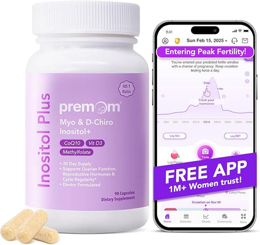 Premom Inositol Plus - 2000mg Myo-Inositol & 50mg D-Chiro Inositol, CoQ10, Folate & Vitamin D3-40:1 Ratio - Supports Hormonal Balance, Ovarian & Reproductive Health - 30 Day Supply
