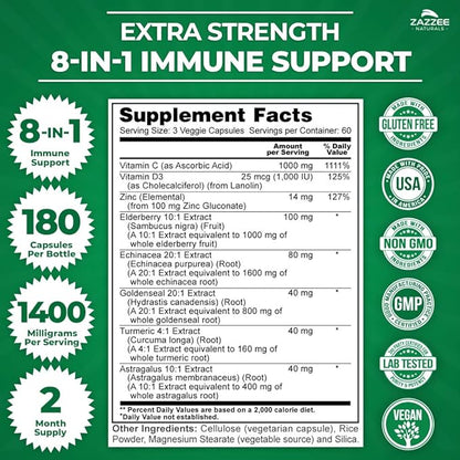 Zazzee Extra Strength 8-in-1 Immune Support, 1400 mg per Capsule, 180 Vegan Capsules, 1000 mg Vitamin C, 1000 IU D3, Zinc, Elderberry, Echinacea, Goldenseal, Turmeric, Astragalus, Made in The USA