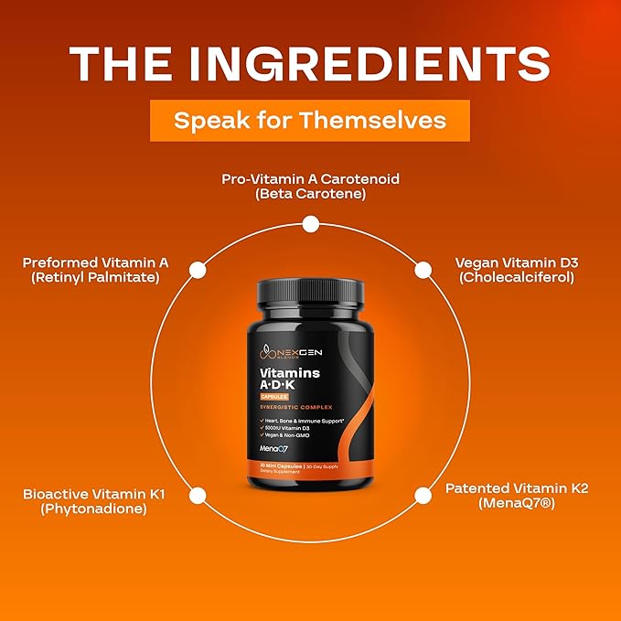 High Absorption ADK Vitamin Supplement - Vegan Vitamin D3 K2 MK7 & A for Calcium Regulation plus Bone Heart Thyroid & Immune Support - Vitamin ADK with 5000IU D3 Non GMO & Gluten Free (1 Months)