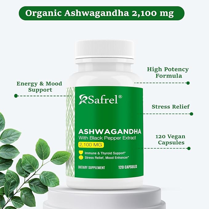 Safrel Ashwagandha 2,100 mg - 120 Vegan Capsules, High Potency, Non-GMO, Gluten Free Supplement
