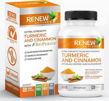 Renew Actives Organic Turmeric 474MG & Cinnamon 50MG per 2 Capsules – with Curcumin & BioPerine for Absorption – Supports Metabolism, Joint Health & Digestion – Made in Canada – 120 Capsules