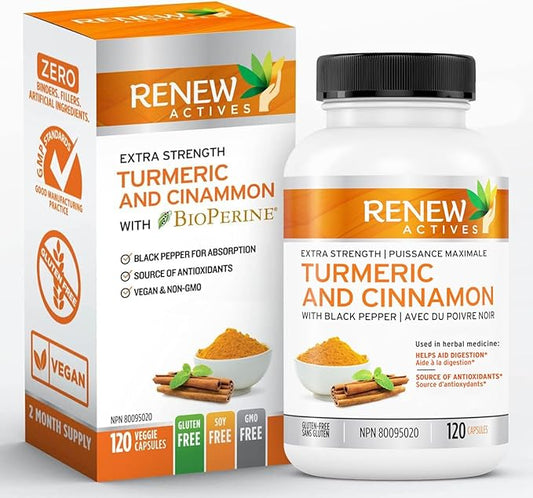 Renew Actives Organic Turmeric 474MG & Cinnamon 50MG per 2 Capsules – with Curcumin & BioPerine for Absorption – Supports Metabolism, Joint Health & Digestion – Made in Canada – 120 Capsules