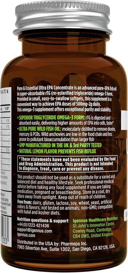 Igennus Ultra Pure Omega-3 EPA 500mg, Highly Concentrated IFOS Certified Wild Fish Oil, Advanced rTG Triglyceride Form, Non-GMO, 90 Small Softgels