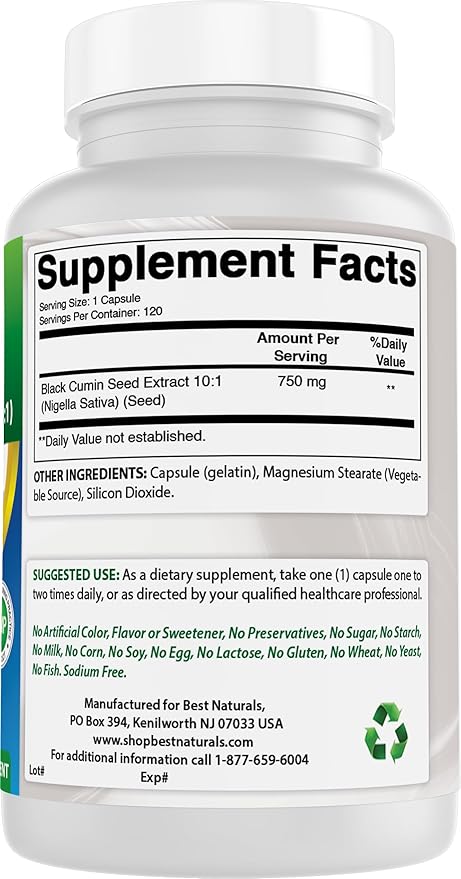 Best Naturals Black Seed (Black Cumin Seed Extract 10:1) 750 mg Per Serving- 120 Capsules