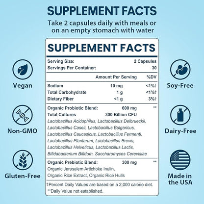 Probiotics for Women and Men, 300 Billion CFU Probiotics from 12 Strains Probiotic, Organic Prebiotics Blend, Probiotic Supplement for Gut Immune & Digestive Health, Shelf Stable, 240 Capsules