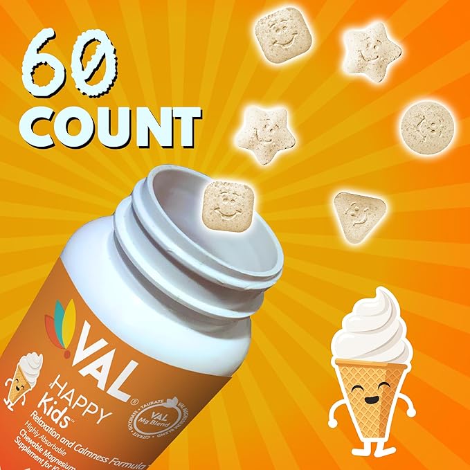 VAL Magnesium for Kids | High-Absorption Magnesium for Calm, Relaxation & Focus | Magnesium Glycinate, Citrate & Taurate | with Vitamin B6, D & C | Sugar-Free, Non-GMO | Vanilla | 60 Chewable Tablets