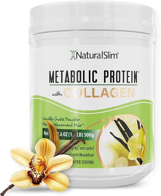 NaturalSlim Metabolic Protein Powder with Collagen Vanilla - Hydrolyzed Collagen Protein Powder for Hair, Skin, Bone, Joint, and Metabolism - Low Carb Meal Replacement Shake Mix - 17.6 oz