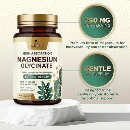 Magnesium Glycinate 250 mg, 100% Chelated Magnesium Supplement - High Absorption Magnesium for Muscle, Heart, Bone and Nerve Health Support, Nature's Gluten Free, Vegan, Non-GMO Capsules - 60 Count