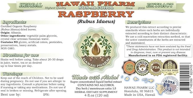 Raspberry Alcohol-Free Liquid Extract, Organic Raspberry (Rubus idaeus) Dried Leaf Glycerite Natural Herbal Supplement, Hawaii Pharm, USA 4x4 fl.oz