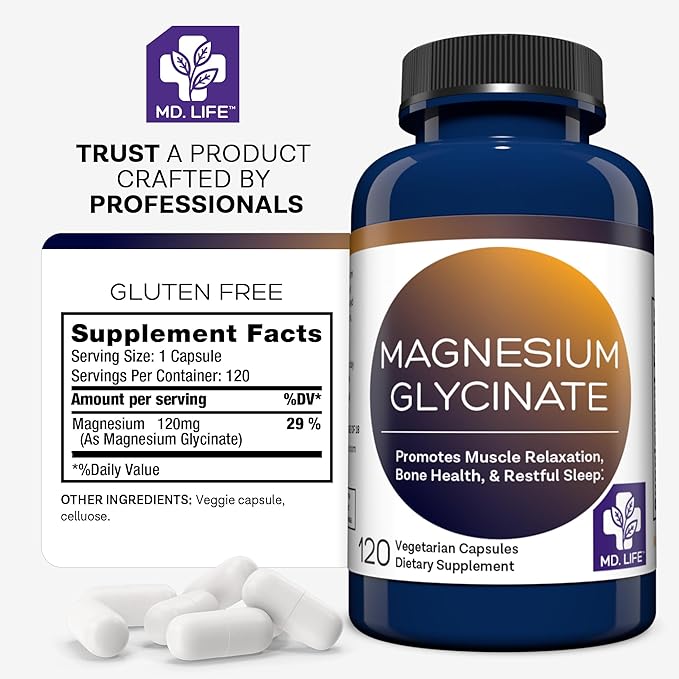 Md.Life Magnesium Glycinate Supplement - Easy to Swallow - 120 Count - Gluten Free Magnesium Glycinate Capsules for Sleep, Heart, and Muscle Health - Gentle on The Stomach & Highly Absorbable