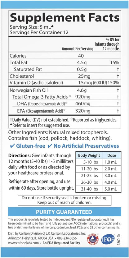 Carlson - Baby's DHA, Liquid DHA Baby Supplement, 1100 mg Omega-3s + 400 IU Vitamin D3, Brain Development, Vision Support & Nerve Function, Omega-3 Liquid for Babies, Baby Fish Oil, 60 mL