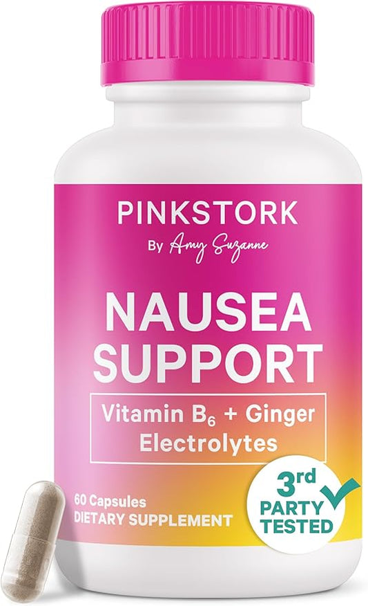 Pink Stork Vitamin B6, Ginger, Electrolyte Capsule - Natural Digestive Support with Peppermint, Potassium, Magnesium - Gentle on The Stomach - Pregnancy, + Motion Sickness Must Haves - 60ct