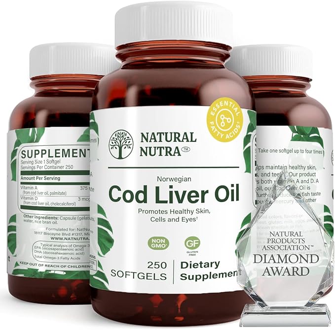 Natural Nutra Norwegian Cod Liver Oil Supplement, Helps to Maintain Skin, Helps Maintain Body Density, Eye Health & Nerve Function, Promotes Dental Health, Supports Cardiovascular Health, 250 Softgels