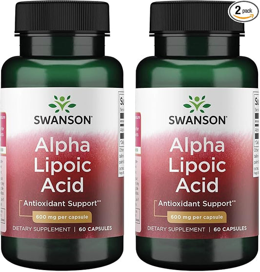 Swanson Alpha Lipoic Acid - Natural Supplement Supporting Healthy Blood Pressure Levels Already Within a Normal Range - Promotes Carbohydrate Metabolism - (60 Capsules, 600mg Each) (2 Pack)