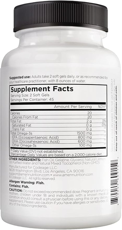 Amen Omega-3 Supplement - 1500mg High-Potency Daily Omega 3 - EPA and DHA Fatty Acids Fish Oil - 45-Day Supply - Fatty Acid Supplements - Fish Oil Pills - Non-GMO - 90 Soft Gels Capsules