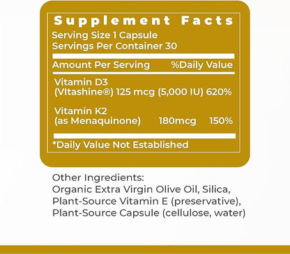 Premier Research Labs: Vitamin D3 + K2 Supplements | for Bone Support and Promotes Heart Health, Gluten-Free - 5000 IU Vegan Supplements - Tested Quality | 30 Plant-Source Based Capsules
