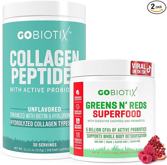 GOBIOTIX Super Greens & Collagen Bundle - Vitality Boost with Organic Spirulina & Hair-Skin-Nails Support - 30 Servings Each