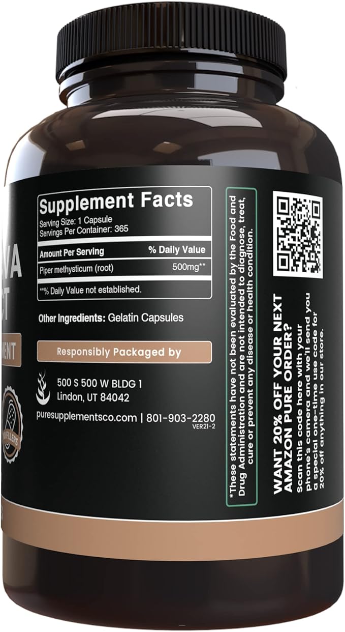 PURE ORIGINAL INGREDIENTS Kava Kava (365 Capsules) No Magnesium Or Rice Fillers, Always Pure, Lab Verified