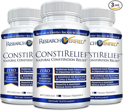 Research Verified ConstiRelief - The best Supplement for Constipation Relief on the market - with L. Acidophilus for long term health and prevention. 100% back guarantee! (Pack of 3)