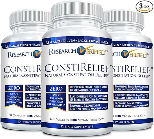Research Verified ConstiRelief - The best Supplement for Constipation Relief on the market - with L. Acidophilus for long term health and prevention. 100% back guarantee! (Pack of 3)
