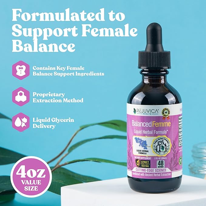 Balanced Femme Natural PMS and Menopause Support for Hot Flashes with Black Cohosh - All-Herbal Liquid Blend