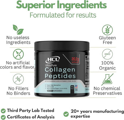 Collagen Peptides Powder with Vitamin C & Hyaluronic Acid - from Organic Cleanest Sources & Super High Absorption - Hydrolyzed Multi Type I, II, III, V, X - Skin Hair Supplement Made in USA