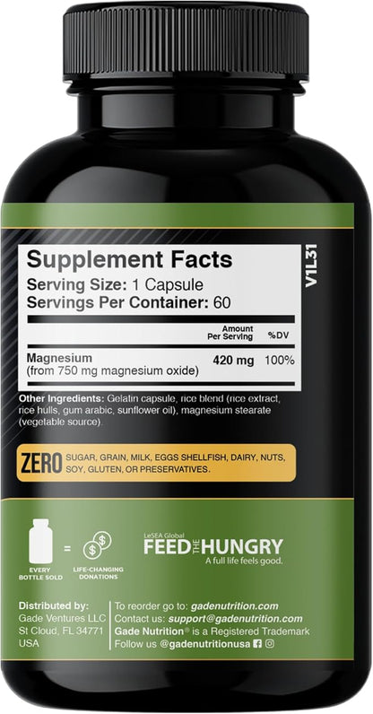 Gade Nutrition Pure Magnesium Oxide | Nature Made Magnesium Supplement in Vegetable Capsules | Magnesium Complex Supplement Made in USA | Great Magnesium for Sleep