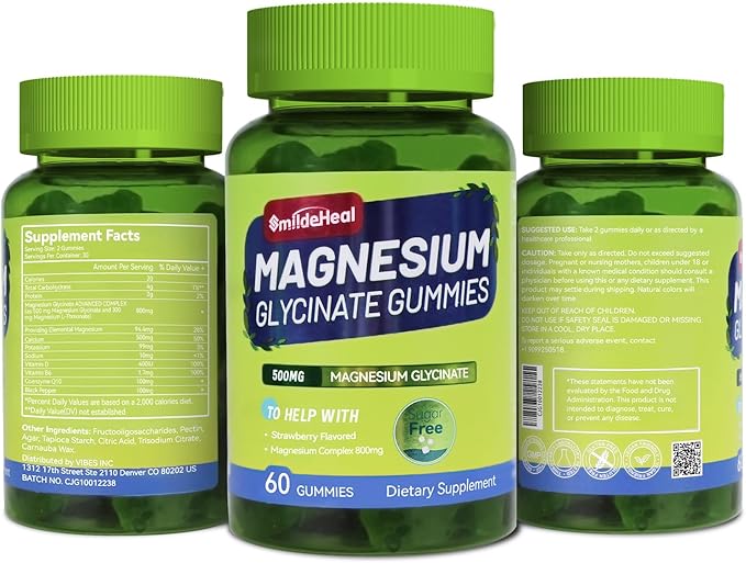 Magnesium Glycinate Gummies 500mg with L-Threonine 300mg - Sugar-Free Magnesium Potassium Supplement with Vitamin D, B6, CoQ10 - Strawberry Flavored - 120 Gummies