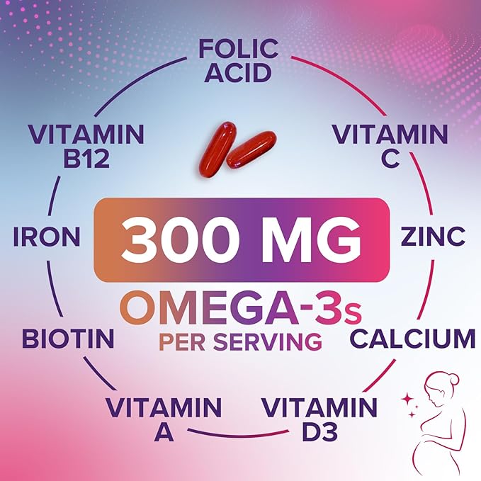 Prenatal Vitamins for Women with Folate & DHA, Prenatal Multivitamin Supports Brain Development with Folic Acid, Omega 3, Vitamin A, C, D, B6, B12 & Iron, Pregnancy Supplement, Non-GMO - 120 Softgels