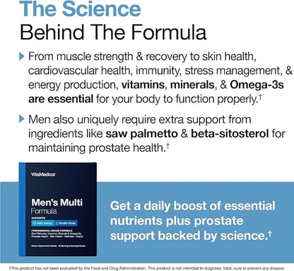 VitaMedica Men’s Multivitamin with Prostate Health Support | Vitamins, Minerals, Omega3s and Saw Palmetto | Box of 30 Easy Daily Packs | Supports Natural Energy and Sleep | Muscle, Joint Health
